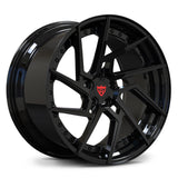 RVRN RV-DF041 all gloss black directional style wheel with red crown center emblem, deep dish step lip look.