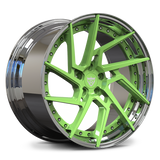 Lamborghini Huracan custom green wheels, RVRN RV-DF041 apple green face with chrome step lip directional forged wheels.