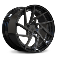 Tesla Model S custom wheels, RVRN RV-DF041 dark gunmetal gray face with gloss black step lip directional wheels.