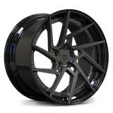 Tesla Model S custom wheels, RVRN RV-DF041 dark gunmetal gray face with gloss black step lip directional wheels.