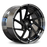 Corvette C8 custom black wheels, RVRN RV-DF041 gloss black face with chrome step lip directional custom rims.
