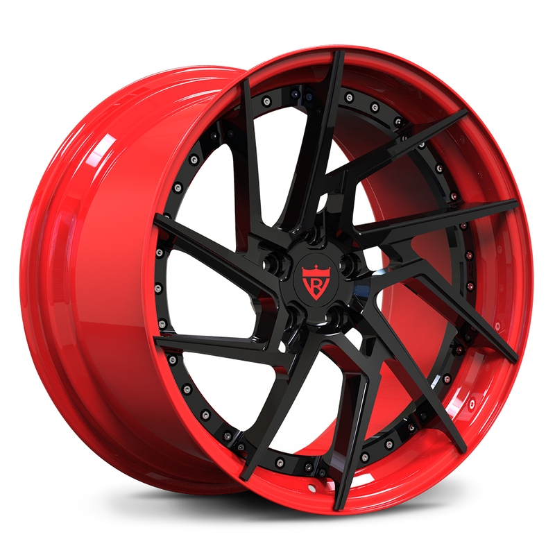 Corvette C8 Z06 custom red wheels, RVRN RV-DF041 gloss black face with RVRN red step lip directional wheels.