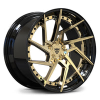Porsche 911 custom gold wheels, RVRN RV-DF041 polished frozen gold face with gloss black step lip directional forged wheels.