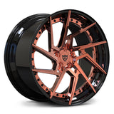 Aston Martin custom rose gold wheels, RVRN RV-DF041 polished rose gold face with gloss black step lip directional rims.