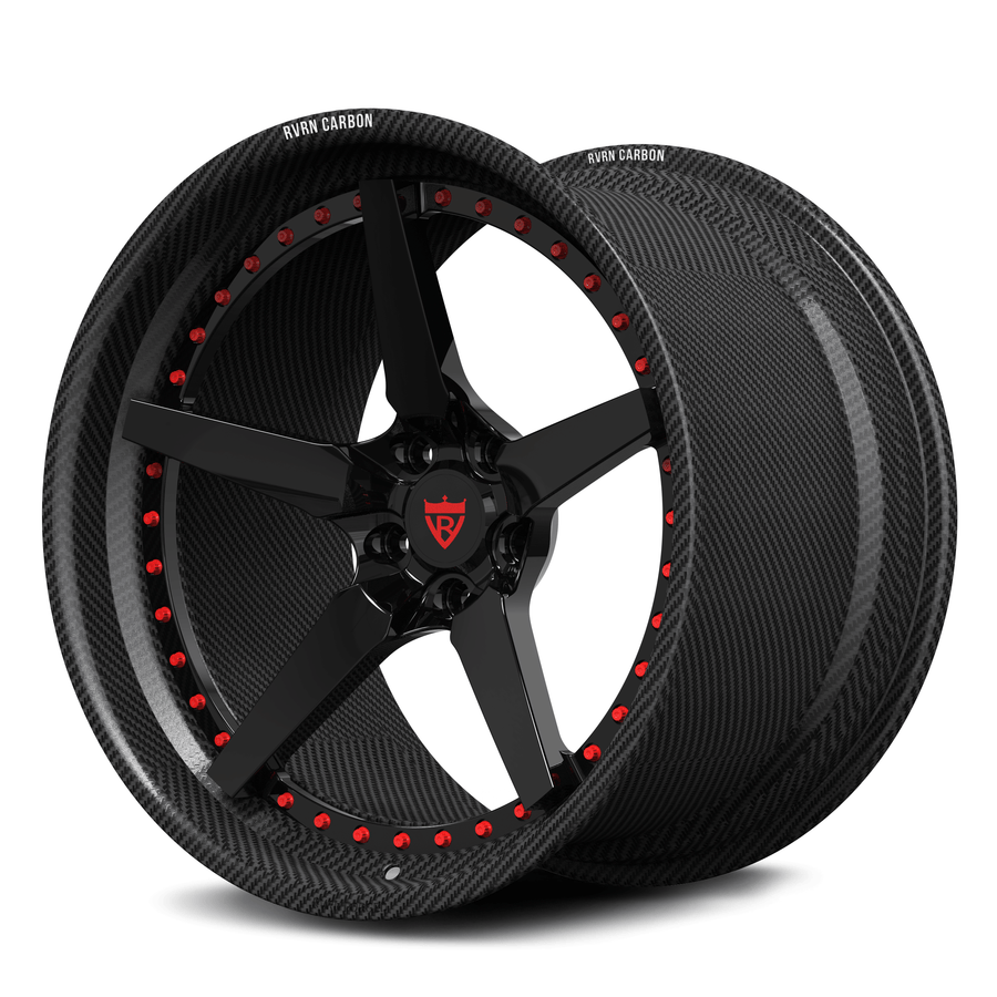 RVRN RV-DF14CF gloss black center and genuine carbon fiber step lip forged wheel, custom 2-piece wheel with rvrn red screws for Ferrari 296 GTB.