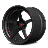 RVRN RV-DF14CF gloss black center and genuine carbon fiber step lip forged wheel, custom 2-piece wheel with rvrn red screws for Ferrari 296 GTB.
