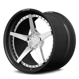 RVRN RV-DF14CF full polished center and genuine carbon fiber step lip forged wheel, side profile view on white background for Ferrari SF90.