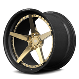 RVRN RV-DF14CF polished frozen gold center and genuine carbon fiber step lip forged wheel, deep concave profile for Lamborghini Aventador.