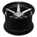 RVRN RV-DF14CF full polished center and genuine carbon fiber step lip forged wheel, top-angled perspective view on white background for McLaren 750S.