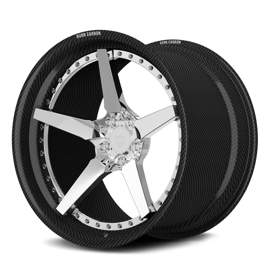 RVRN RV-DF14CF full polished center and genuine carbon fiber step lip forged wheel, side profile view on transparent background for Porsche 911 GT3 RS.