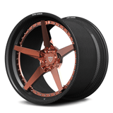 RVRN RV-DF14CF polished rose gold center and genuine carbon fiber step lip forged wheel, bespoke 2-piece profile for Porsche GT3.