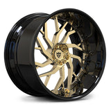 Custom forged wheels for Challenger Hellcat Redeye, RVRN RV-DM01 gloss black with polished frozen gold directional Y-spoke angled view.