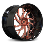 Directional Y-spoke wheels for Challenger Scat Pack, RVRN RV-DM01 gloss black with polished rose gold deep lip angled view.