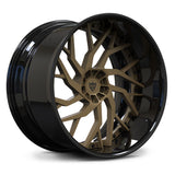 Deep dish forged rims for Dodge Challenger SRT Demon, RVRN RV-DM01 gloss black with matte brown 2-piece design angled view.