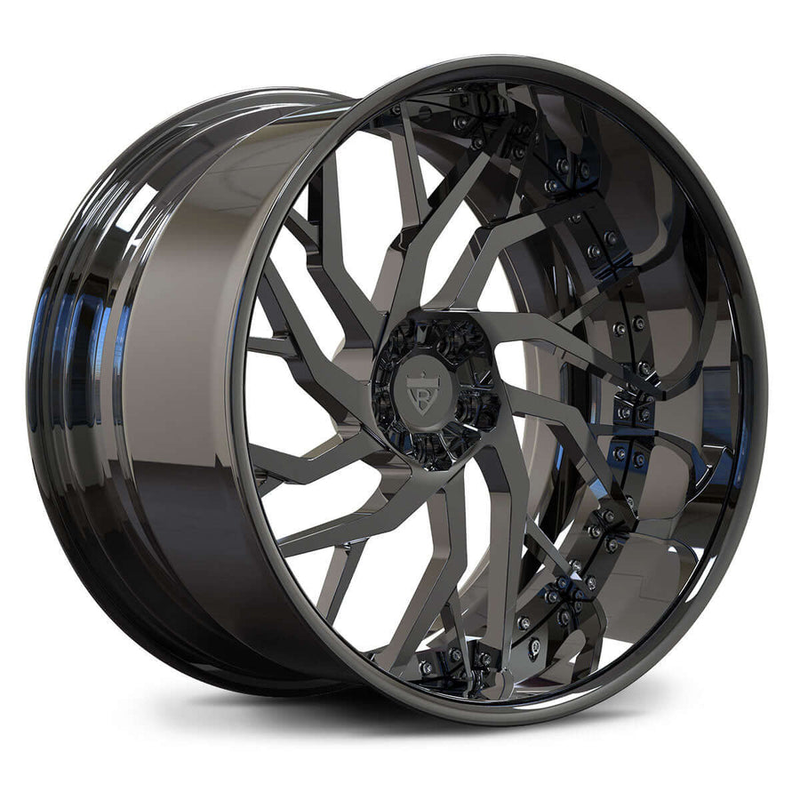 Dodge Challenger custom wheels for Challenger SRT Hellcat, RVRN RV-DM01 black chrome directional Y-spoke angled view on transparent background.