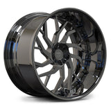 Dodge Challenger custom wheels for Challenger SRT Hellcat, RVRN RV-DM01 black chrome directional Y-spoke angled view on transparent background.