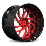 Custom forged 2-piece wheels for Challenger SRT Hellcat, RVRN RV-DM01 gloss black with gloss red deep dish angled view.