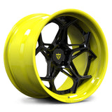 RVRN RV-DR01 2-piece deep dish wheel designed for C8 Corvette builds, yellow finish with gloss black spokes and lip