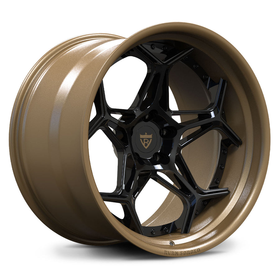 RVRN RV-DR01 custom C8 Corvette forged wheel, matte bronze deep dish lip and gloss black spoke design, angled view