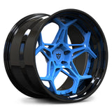 RVRN RV-DR01 2-piece deep dish forged wheel designed for C8 Corvette builds, Rapid Blue face with gloss black lip, angled view
