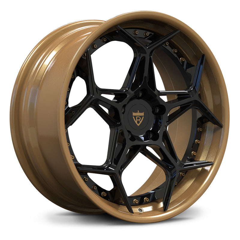 Ford Mustang custom bronze wheels, RVRN RV-DR01 gloss black face with gloss bronze step lip 2-piece style wheels.