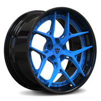 Corvette C8 Rapid Blue matching wheels, RVRN RV-DR08 gloss black face with rapid blue step lip and inner barrel 2-piece forged wheels.