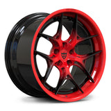 Corvette C8 custom red and black wheels, RVRN RV-DR08 premium 2-piece forged wheel featuring red fade to gloss black spokes with gloss red deep dish lip angled view.