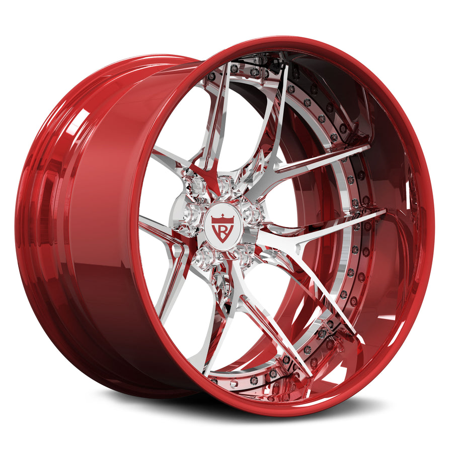 Deep concave forged wheels for Dodge Challenger, RVRN RV-DR08 2-piece polished red lip and chrome face design side view.
