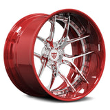 Deep concave forged wheels for Dodge Challenger, RVRN RV-DR08 2-piece polished red lip and chrome face design side view.