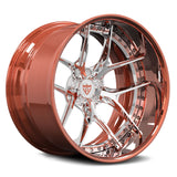 Deep lip forged wheels for Lamborghini Huracan, RVRN RV-DR08 2-piece polished rose gold lip and chrome face design side view.

