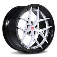 Ford Mustang GT white and black custom wheels, RVRN RV-DR08 gloss black face with gloss white step lip and inner barrel 2-piece forged wheels.