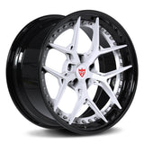 Ford Mustang GT white and black custom wheels, RVRN RV-DR08 gloss black face with gloss white step lip and inner barrel 2-piece forged wheels.