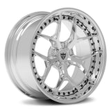 Porsche 911 custom wheels, RVRN RV-DR08 all polished Y-spoke step lip 2-piece forged deep dish wheels angled view.