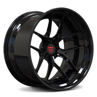 Chevrolet Camaro SS black wheels, RVRN RV-DR08D all gloss black Y-spoke 2-piece forged wheels with deep dish step lip angled view.