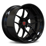 Chevrolet Camaro SS black wheels, RVRN RV-DR08D all gloss black Y-spoke 2-piece forged wheels with deep dish step lip angled view.