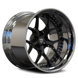 Corvette C8 custom deep dish rims, RVRN RV-DR08D chrome face with gloss black step lip 2-piece custom forged wheels angled view.