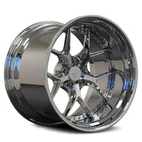 Dodge Challenger Hellcat custom chrome wheels, RVRN RV-DR08D full chrome Y-spoke step lip 2-piece forged deep dish rims angled view.