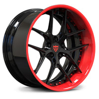 Maserati Ghibli Trofeo custom forged wheels, RVRN RV-DR08D gloss black face with gloss red accents concave Y-spoke design.