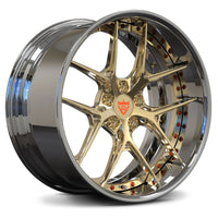 Maserati GranTurismo Trofeo aftermarket wheels, RVRN RV-DR08D full chrome face with polished  light frozen gold accents deep dish Y-spoke rims.