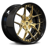 Maserati Grecale Trofeo aftermarket rims, RVRN RV-DR08D polished frozen gold face with gloss black accents luxury Y-spoke forged wheels.