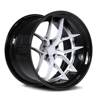 Ford Mustang GT white and black custom wheels, RVRN RV-DR08D gloss black face with gloss white step lip 2-piece deep dish forged wheels.
