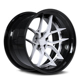 Ford Mustang GT white and black custom wheels, RVRN RV-DR08D gloss black face with gloss white step lip 2-piece deep dish forged wheels.
