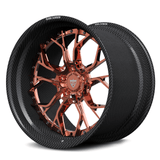 Real carbon fiber deep dish wheels for Aston Martin DBS, RVRN RV-DR16 genuine carbon fiber stepped lip with polished rose gold spokes.