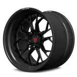 Genuine carbon fiber deep dish wheels for BMW M3 Competition, RVRN RV-DR16 real carbon fiber stepped lip with gloss black concave spokes.