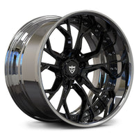 Chrome and gloss black custom forged wheels for C8 Corvette, aggressive deep dish stance for performance builds.