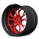 Genuine carbon fiber deep dish wheels for Corvette C8, RVRN RV-DR16 real carbon fiber stepped lip with gloss rvrn red spokes.