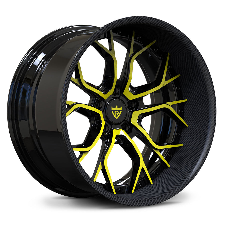 Custom 2-piece wheels for Corvette C8 Stingray, carbon fiber lip for high-performance American supercars.