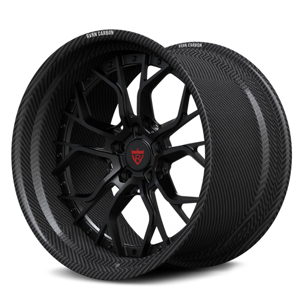 Real carbon fiber deep dish wheels for Porsche 911 GT3, RVRN RV-DR16 custom 2-piece matte black multi-spoke wheel side view.
