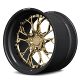 Real carbon fiber deep dish wheels for Porsche 911, RVRN RV-DR16 genuine carbon fiber stepped lip with polished frozen gold center.