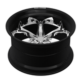 2-piece hybrid carbon fiber rims for Corvette C8 Z06, RVRN RV-DS016 polished face with genuine 3K carbon barrel close-up detail view.
